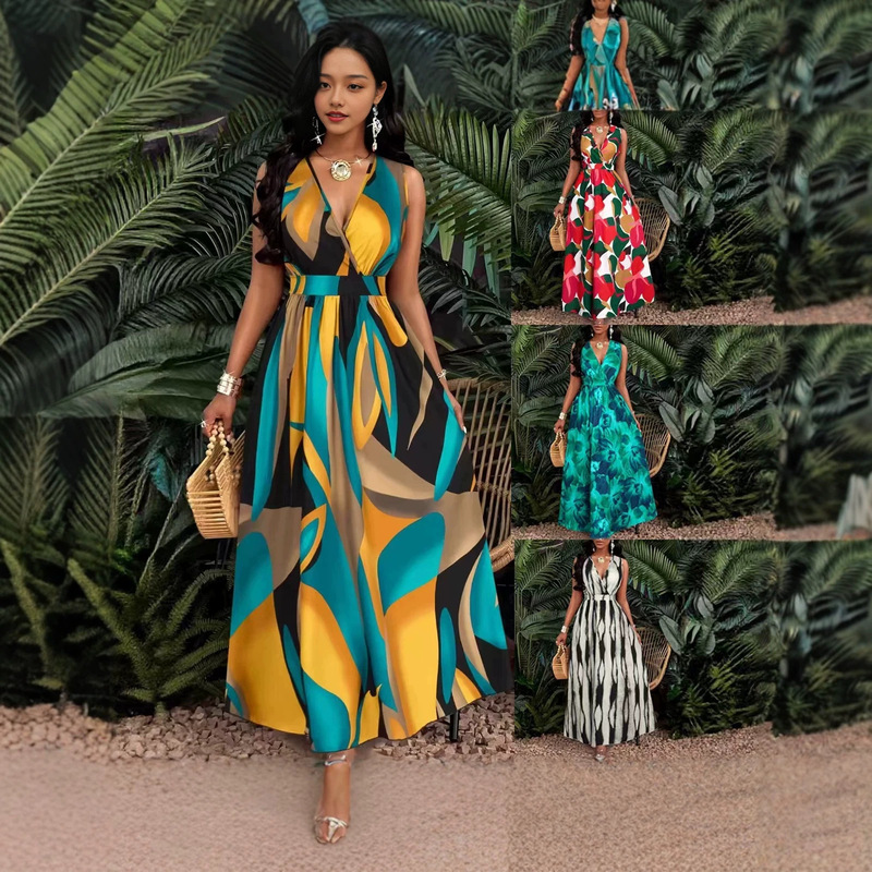 Cross-Border Amazon Independent Site European and American Women's Fashion Hot-Selling Tropical Print V-Neck Elegant Long Dress