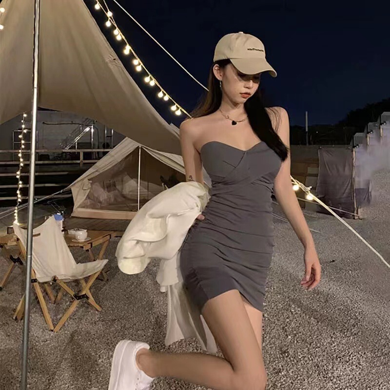 TZ1356 dress summer women's clothing 2022 new waist slimming elegant sexy tube top sheath pleated skirt