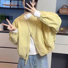 韩版简约圆领纯色短外套女2025春季新款休闲宽松百搭小个子夹克潮