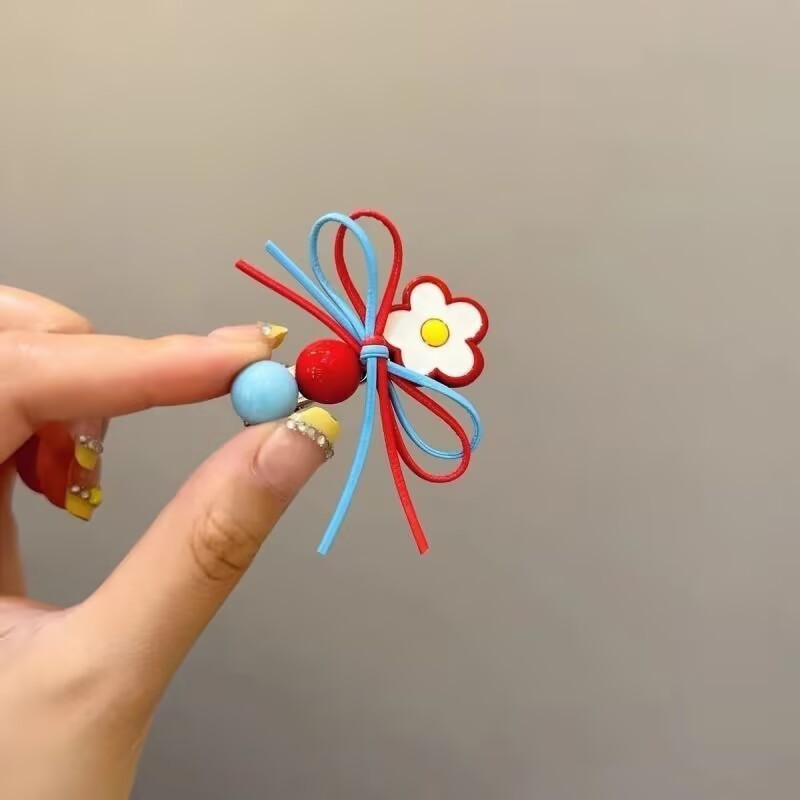 Korean Dongdaemun Sweet Red And Blue Color-Block Flower Bow Bangs Clip For Girls Tie Hairpin Hair Accessory_voghion.com