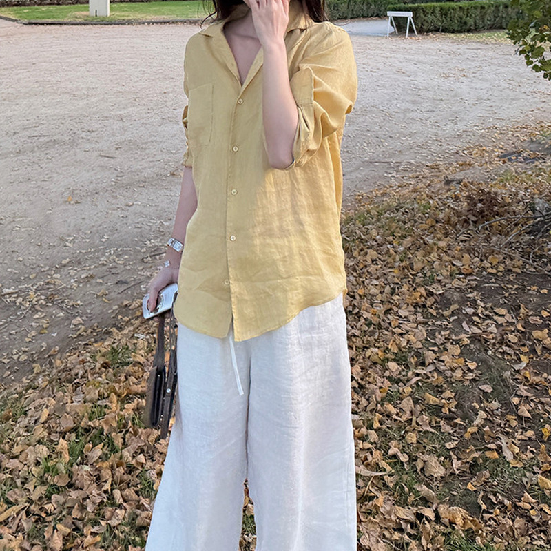 Yellow Skin Tone Selection Softening Shades Summer Sunshine 100% Linen Shirt for Women Loose and Lazy Style 2026 New Model