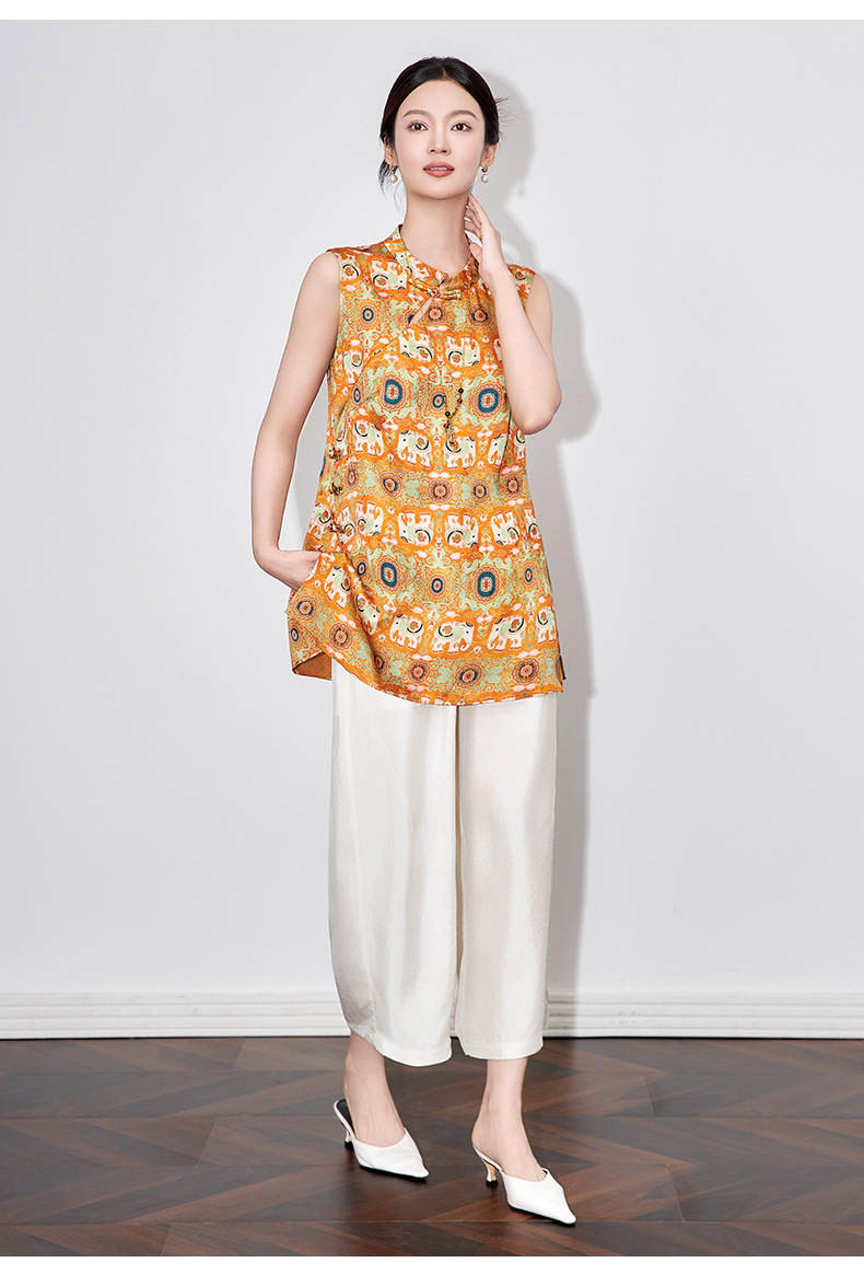 Áo vest cổ điển nữ phong cách Trung Hoa mới, chất liệu tơ tằm họa tiết voi nhỏ jacquard — Màu cam voi chi tiết 11