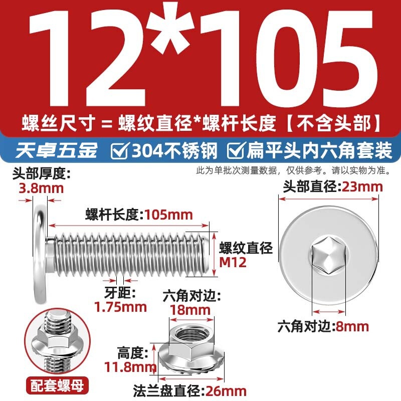 304不锈钢CM大平头超薄头C头扁平头内六角螺丝钉法兰边螺母套装M5|undefined
