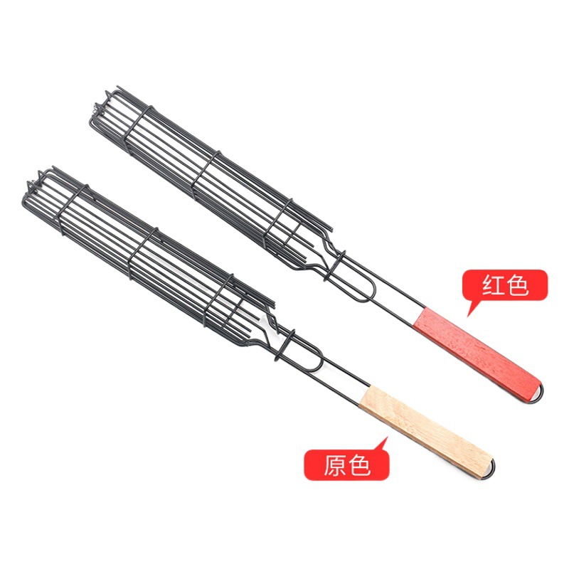 Acero inoxidable barbacoa red hot dog barbacoa jaula salchicha cesta de la barbacoa clip neto mango de madera barbacoa parrilla hierro barbacoa red