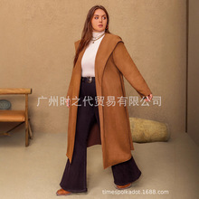 跨境一件代发宽松休闲棕色长款秋冬大衣H3047