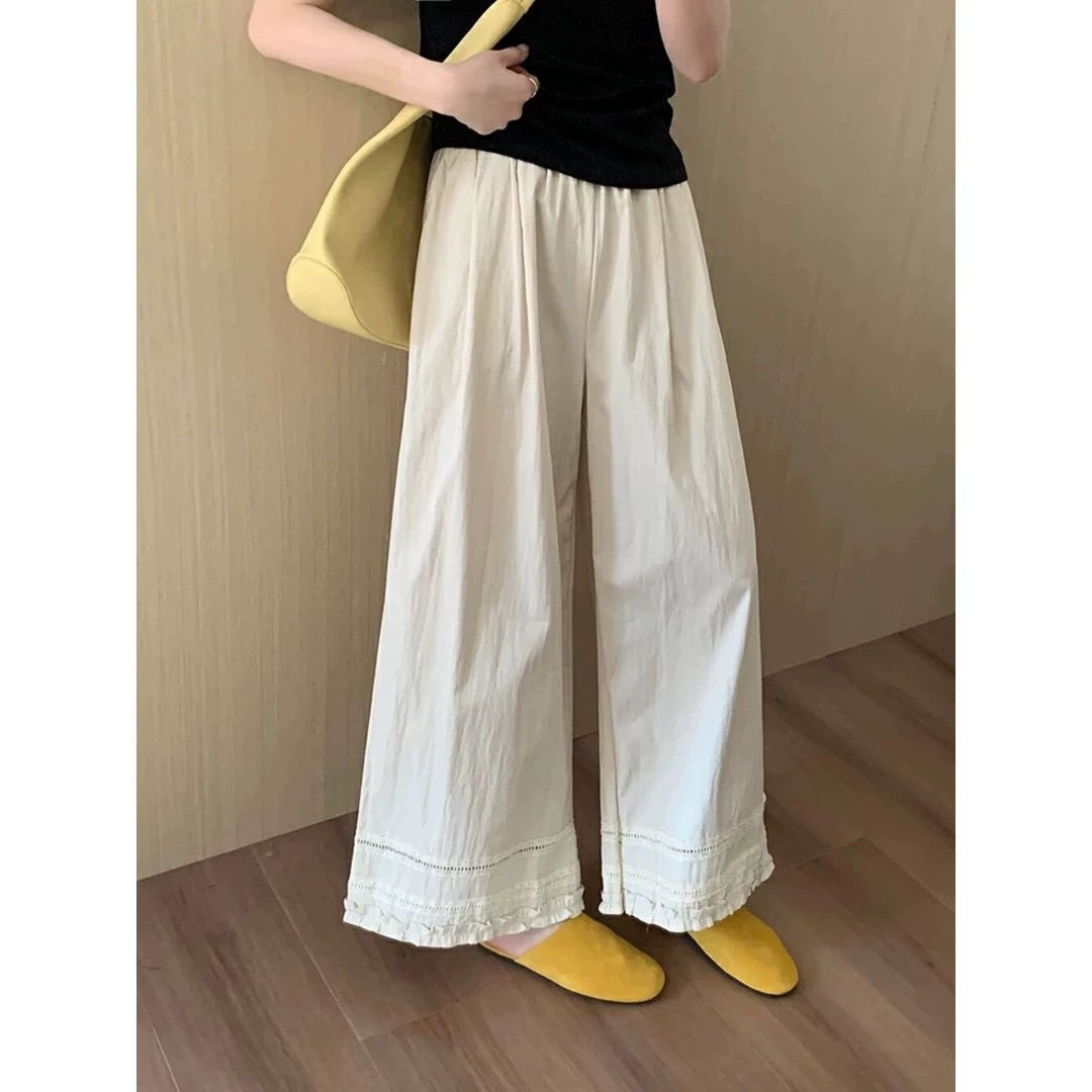 Летние укороченные брюки с кружевной отделкой, свободные утягивающие повседневные брюки прямого кроя, универсальные солнцезащитные широкие брюки.