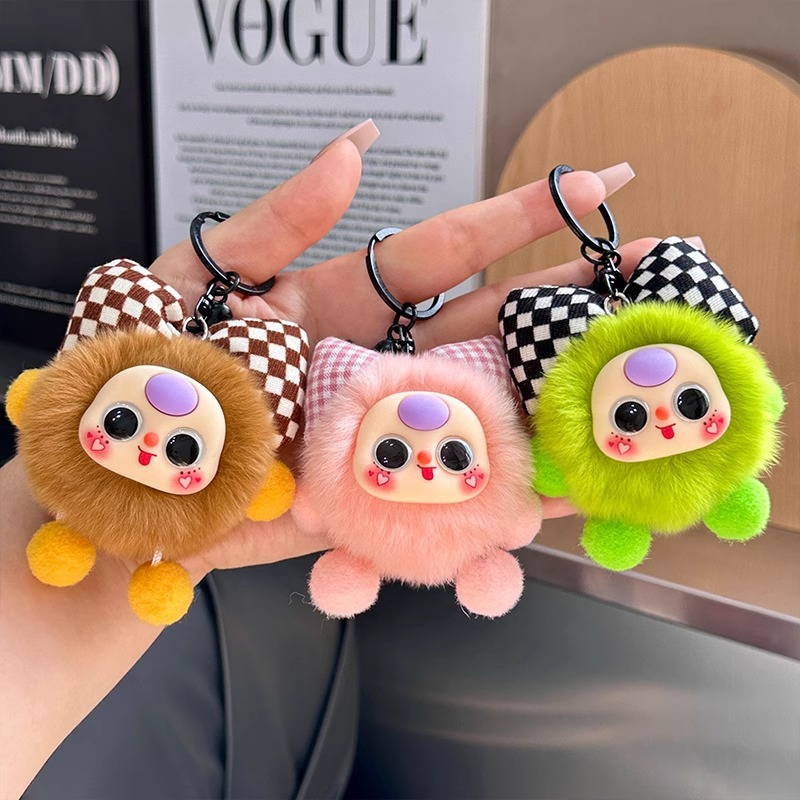 New Rex Rabbit Fur Bowknot Small Coal Ball Car Keychain Pendant Exquisite Doll Cartoon Toy Backpack Decoration_voghion.com