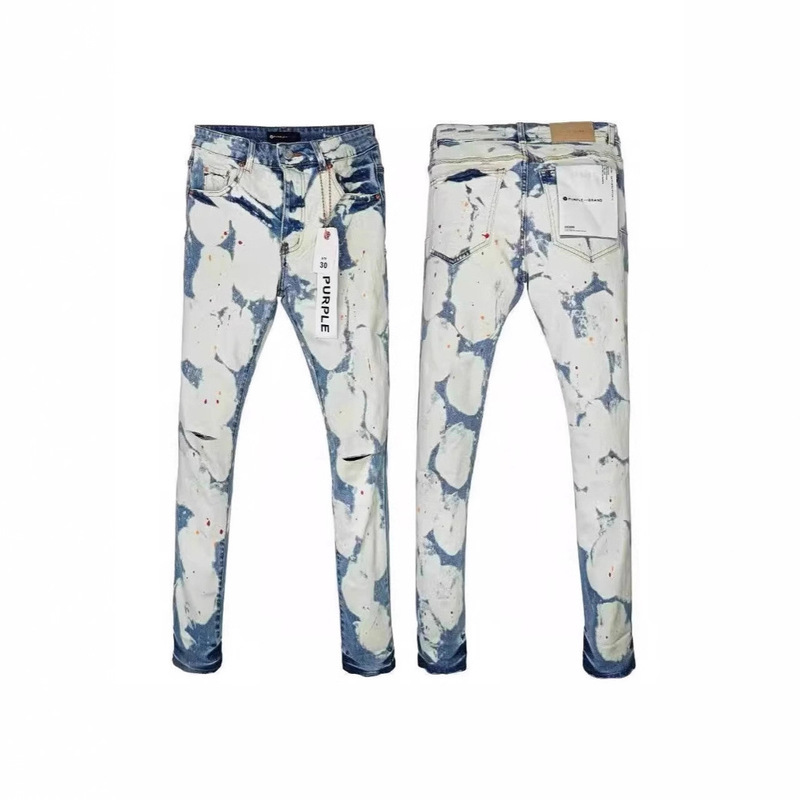 Pur Collection High Version Am Foreign Trade Style Blue Ripped Slim Fit Stretch Printed Dyed Men's Skinny Jeans Trend