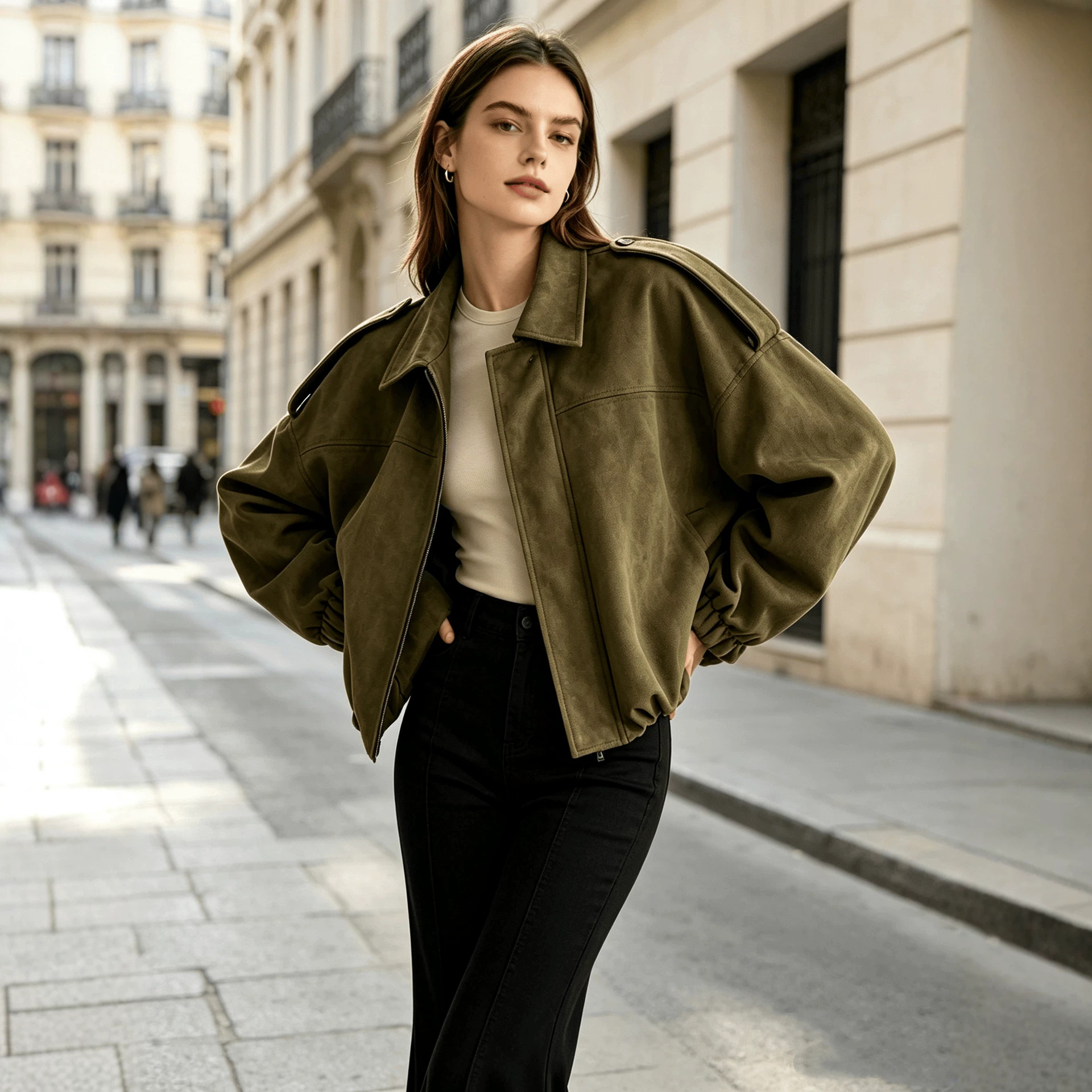 Chaqueta de Aviador de Gamuza Sintética para Mujer de Poliéster con Cierre de Cremallera y Solapa para Otoño e Invierno image 3