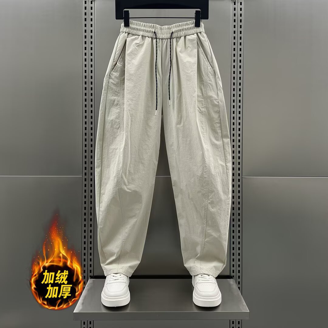 2025 Autumn and Winter Fleece-Lined Thickened American-Style Harem Pants for Men, Solid Color Loose Wide-Leg Scimitar Pants, Straight Casual Long Pants