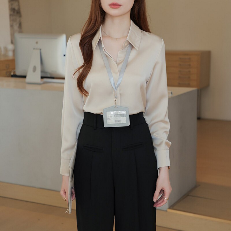 Simulated Silk Satin Shirt for Women, Autum New Elegant, European and American High-End Versatile Professional Ol Long-Sleeved Versatile Shirt
