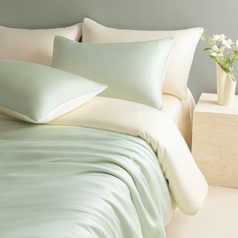 Summer Ice Silk Duvet Cover Set Solid Colour Washed Bedding 4 Pcs_voghion.com