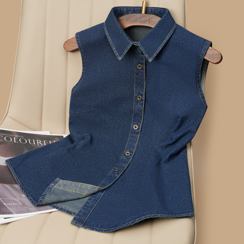 Denim Vest Shirt, Loose Casual Sleeveless Denim Shirt, Women's Vest Top, Layered with a Fake Collar Denim Vest Shirt, Loose Casual Sleeveless Denim Shirt, Women's Vest Top, Layered with a Fake Collar