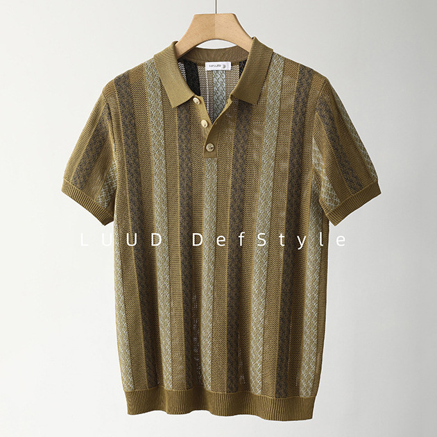 Polo camiseta de punto camiseta de manga corta camiseta de hombre solapa rayas huecas viejos vientos de alto nivel de verano fábrica transfronteriza al por mayor