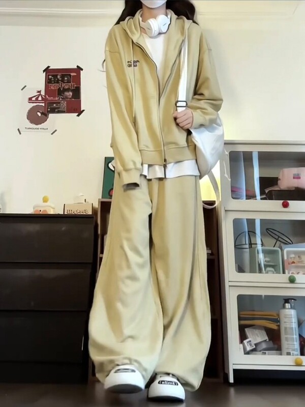纯棉时尚减龄休闲运动服套装女秋季韩系连帽卫衣阔腿裤学生两件套|undefined
