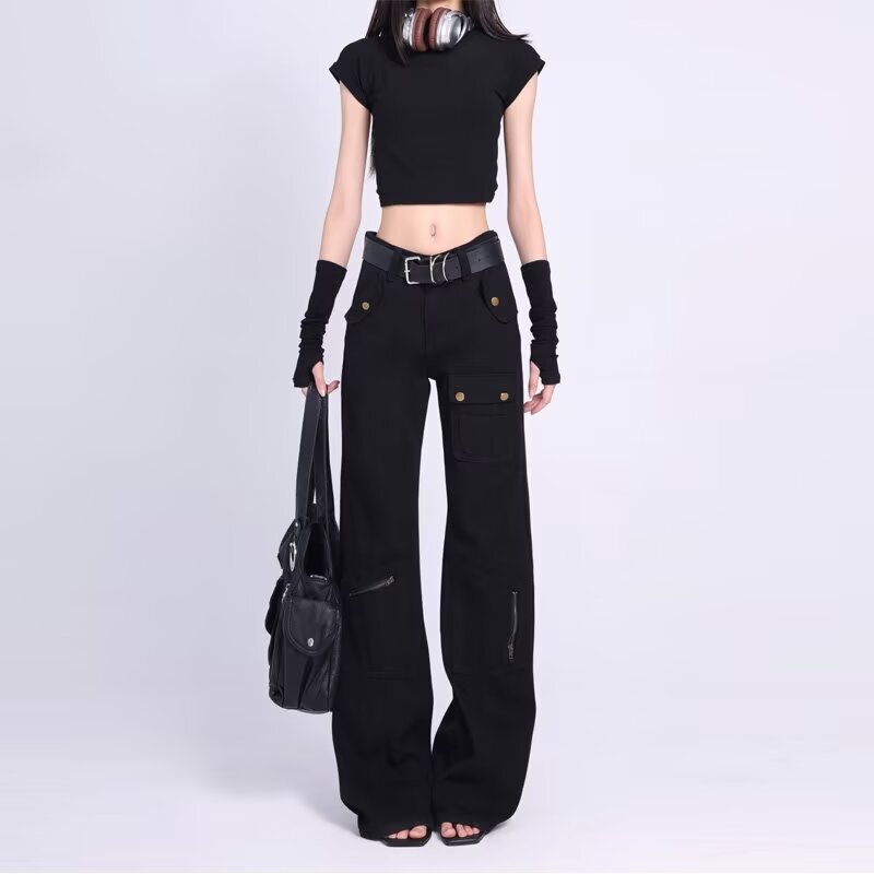 American Style Hot Girl Loose Tooling Jeans Women's Autumn High Street Niche Design Sense Low Waist Slimming Horn Mop Pants
