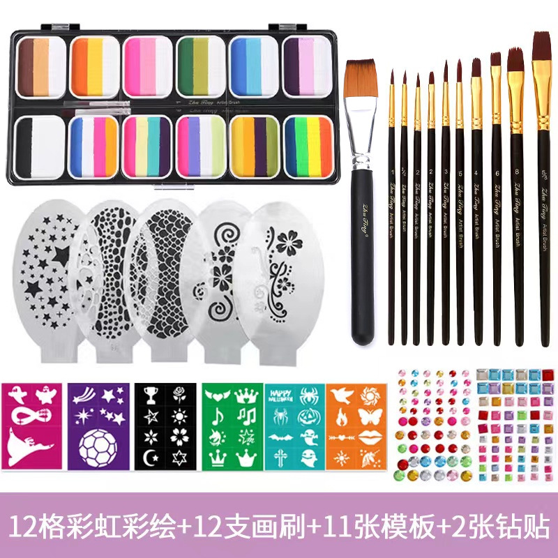 3012F-12 레인보우 페인팅 + 매트 블랙 로드 브러시 10 개 + 와이드 헤드 브러시 1 개 + 컬러 스티커 6 개 + 흰색 템플릿 5 개 + 다이아몬드 스티커 2 개