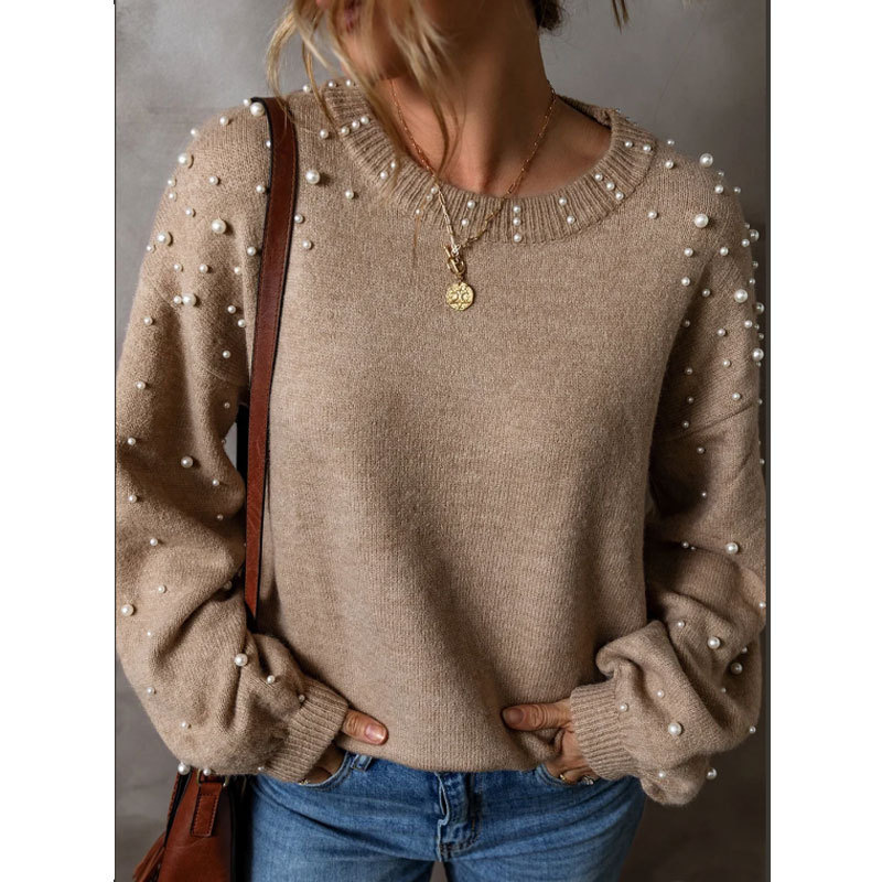 Women's Clothing autumn and winter new women's sweater loose beaded round neck pullover long sleeved knitted sweater_voghion.com