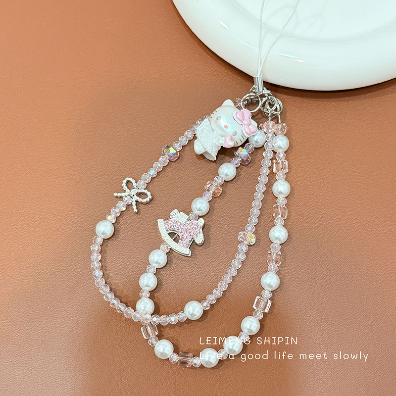 Korean Rhinestone Kt Cat Beaded Pony Mobile Phone Chain for Women, Cute and Fresh Pearl Double-Layer Pendant, Fashionable Accessible Luxury Hanging Chain