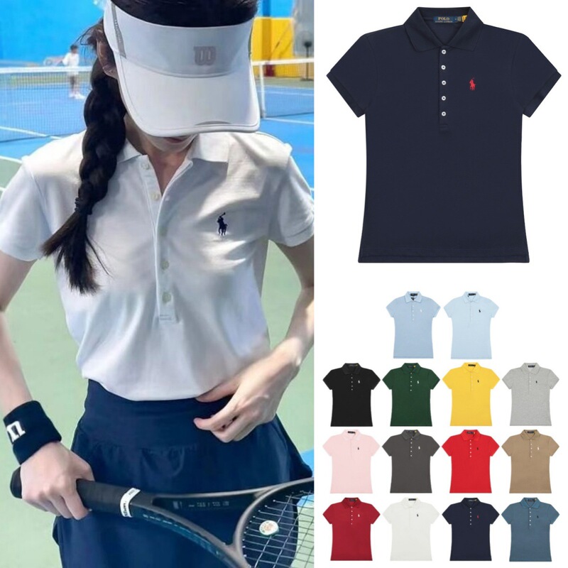 高品質 rl ラフポニー刺繍ラペル 5 ボタン半袖ポロシャツ女性の tシャツカジュアルスポーツコットントップ|undefined