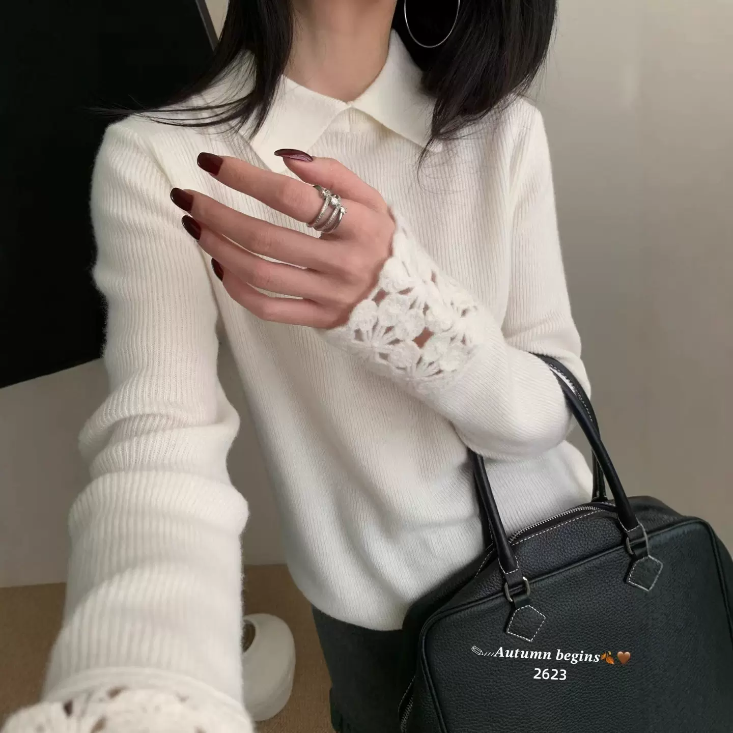 濮院2025韩系中高端百分百全羊毛针织衫秋上新袖口镂空长袖毛衣女