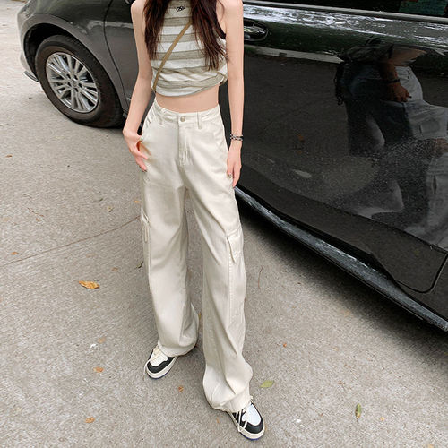 2025 High-Quality Workwear Denim Jeans in White—Versatile Design, High-Waisted, Perfect for Pear-Shaped Figures, Casual Wide-Leg Pants