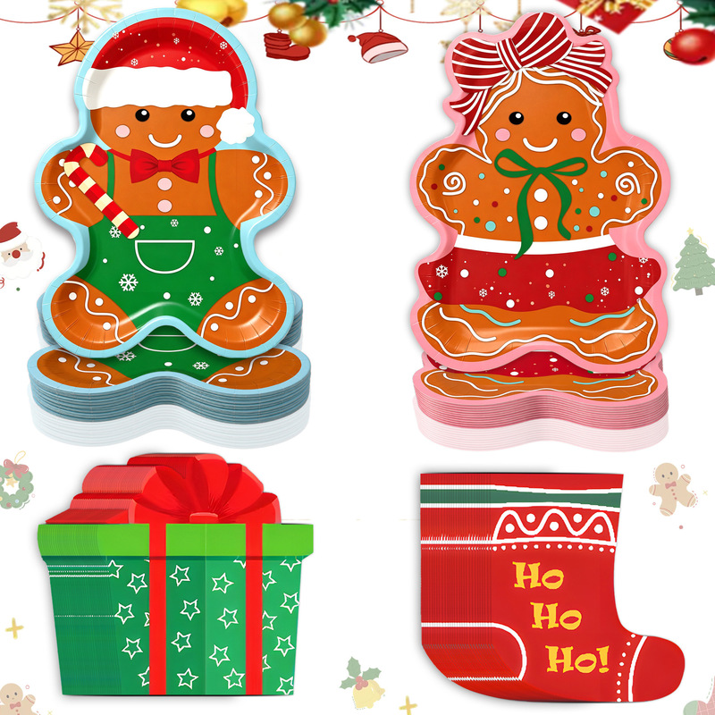 Amazon Christmas Gingerbread Man Dinner Plates Santa Claus Shaped Paper Plates Party Decorations Printed Paper Napkins Arrangement