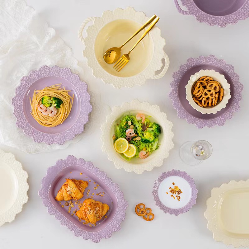 Francés retro ins en relieve cubiertos de cerámica creativos bordes de encaje plato de filete de comida occidental platos caseros platos planos