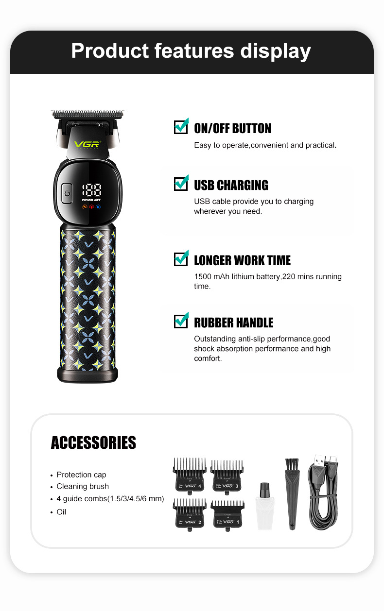 Vgr Professional Electric Hair Clipper For Men With Digital Display_voghion.com
