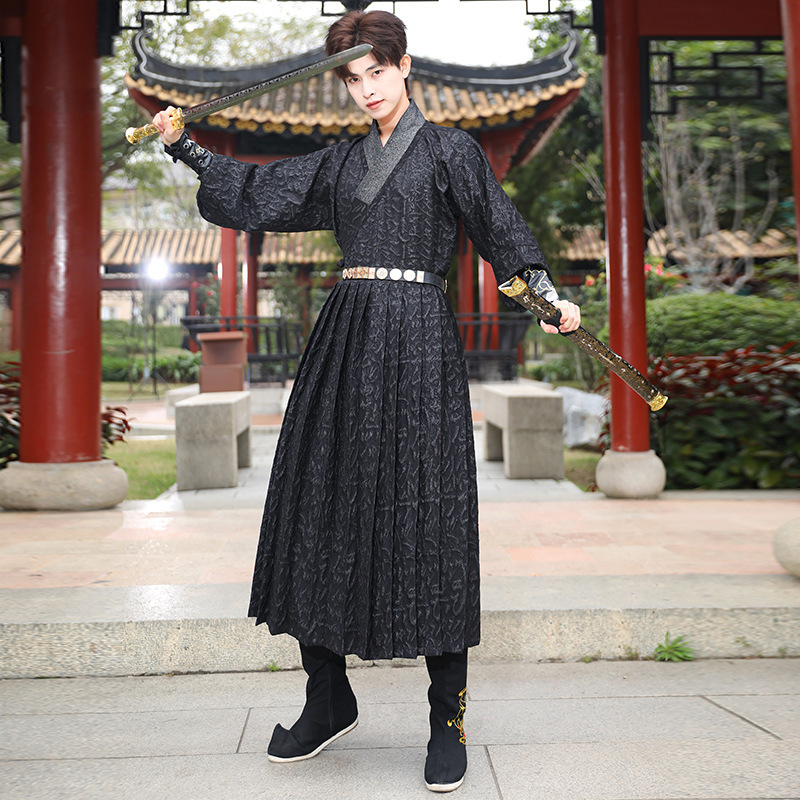 Chinese Style Traditional Men's Straight Sleeve Hanfu National Style Printed Bronzing Black Flying Fish Suit Vest Jinyiwei Performance Suit for Men