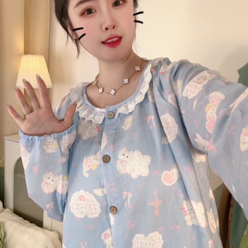 Customized Long-Sleeved Girls' Pajamas, Home Clothes, New Doll Collar, Pure Cotton, Double-Layer Cotton Yarn, Digital Printing Home Clothes Set