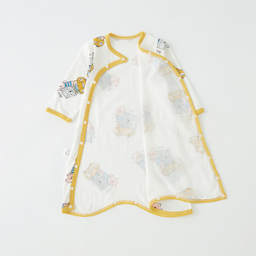 Baby spring and summer thin pajamas for boys and girls, air-conditioned room belly-protecting onesie, baby's pure cotton long-sleeved button-up pajamas