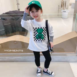 德绒儿童新款女童春秋韩版卡通格子洋气上衣百搭宽松时髦两件套潮