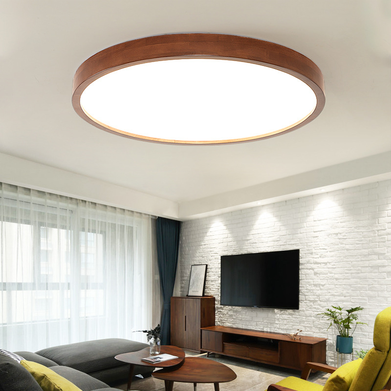 北歐日式原木led吸頂燈圓形創意房間主臥室燈超薄客廳燈家用大氣