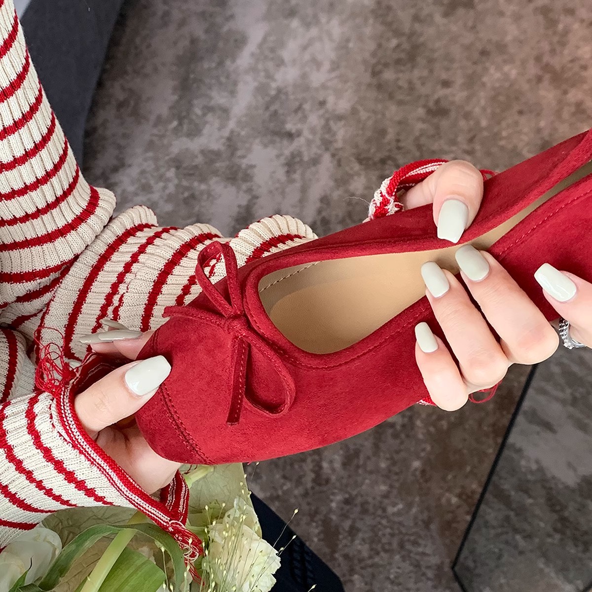 Spot French Small Square Round Toe Ballet Style Bow Soft Shallow Mouth Casual Flats Mary Jane Shoes for Women