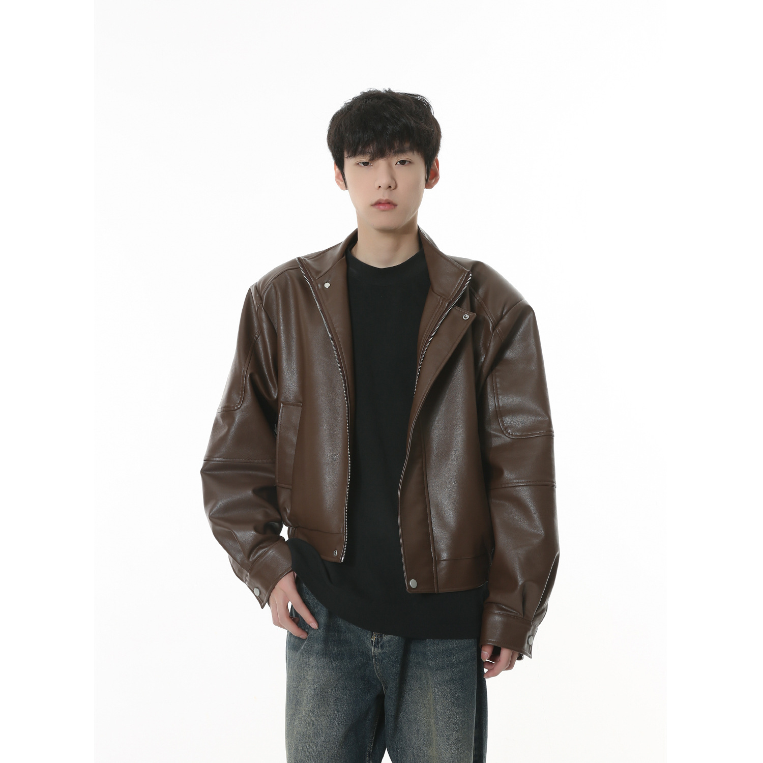 MTLCLOTHESMen's Clothing|Autumn Hong Kong Style Retro Short Style Shoulder Pad Simple Leather Jacket