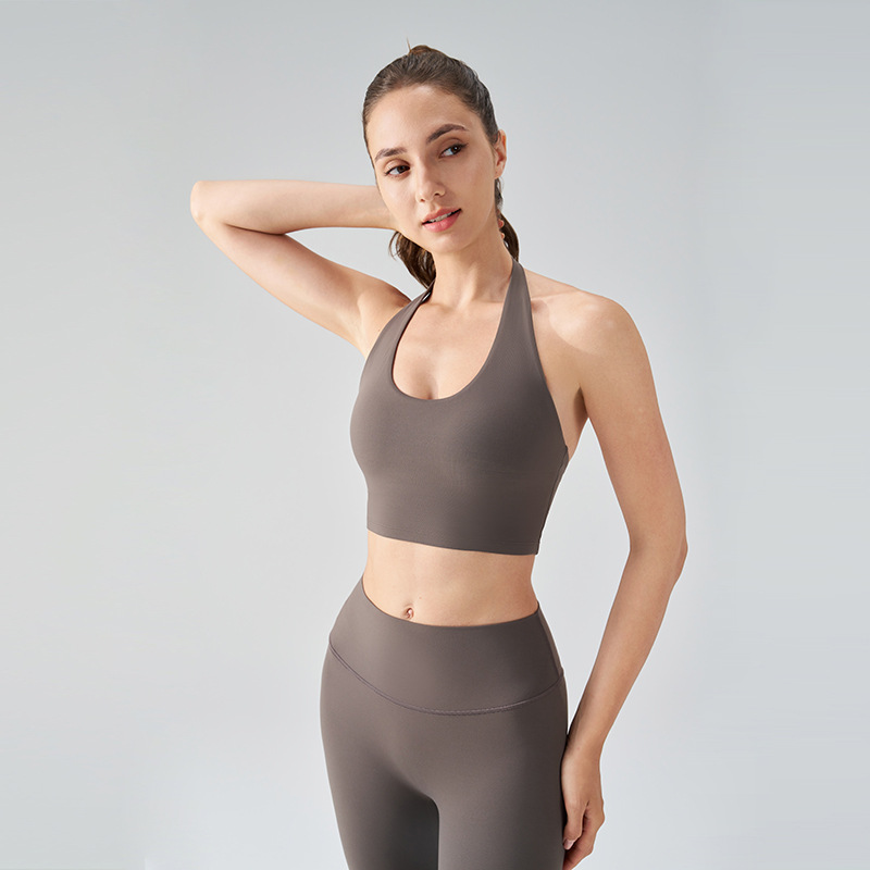 Lycra Beauty Back Yoga Ropa interior para mujer Chaleco de cuello halter Chaleco deportivo Sujetador a prueba de golpes de fitness semi-fijo