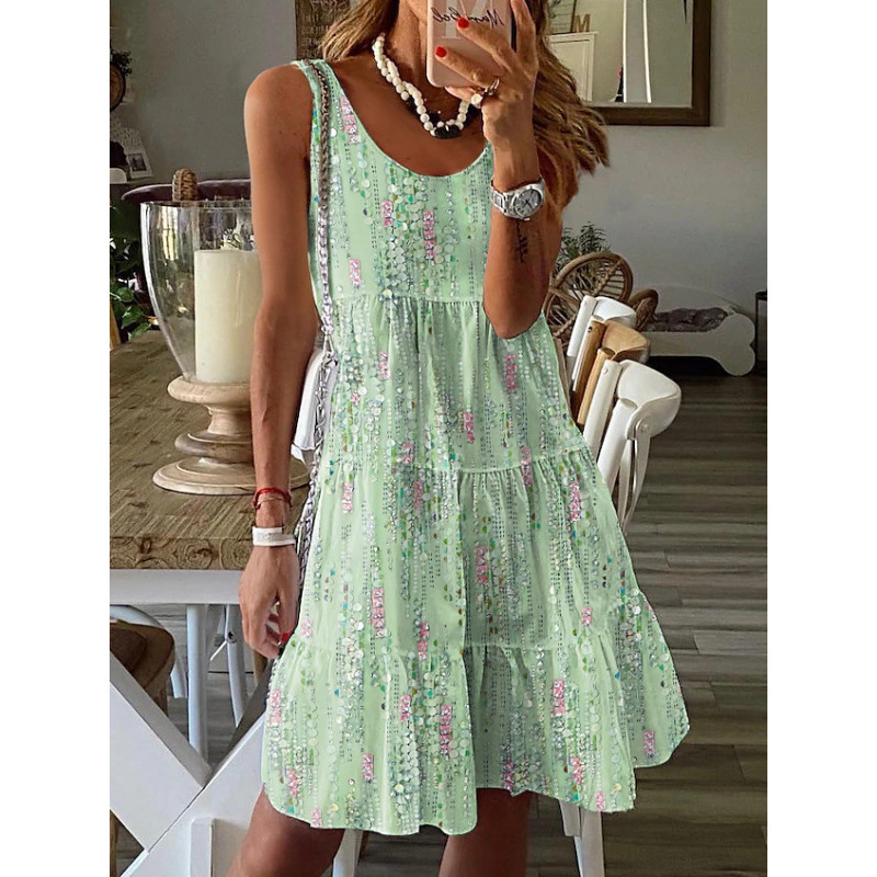 Cross-Border Spring and Summer New Casual Fashion Floral Print Loose Round Neck Sleeveless Mid-Length Dress Cross-Border Spring and Summer New Casual Fashion Floral Print Loose Round Neck Sleeveless Mid-Length Dress