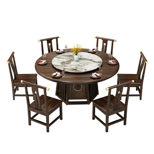 New Chinese style ebony wood dining table and chair combination modern simple solid wood round table light luxury hotel slate home restaurant table