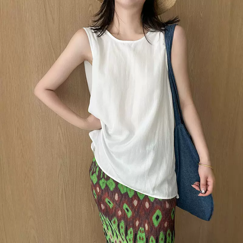 裙子女夏连衣裙标准A字混纺缩褶上衣法式设计扭结后背无袖连衣裙