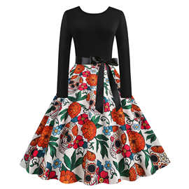 2022复古赫本风速卖通万圣节款数码印花拼接长袖大摆裙送腰带