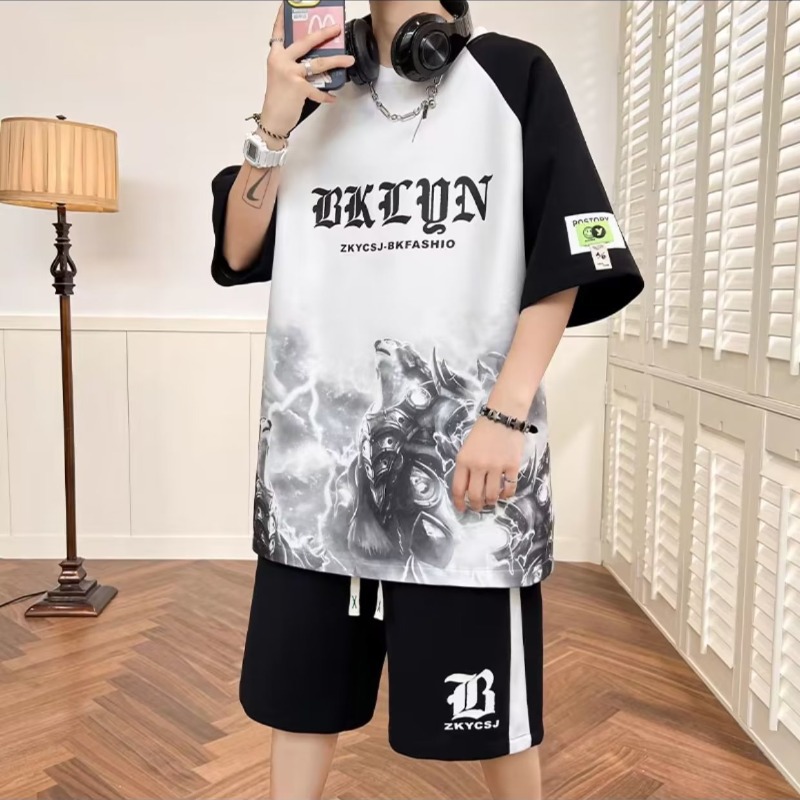 New Wafflesque Men's Casual Sports suit Men's Hong Kong-style Loose plus size Summer Handsome Youth Ice Silk Short Sleeve
