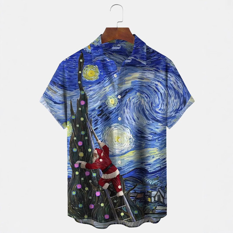 Blue Van Gogh Santa Claus Print Men's Holiday Chest Pocket Stretch Short Sleeve Shirt plus size