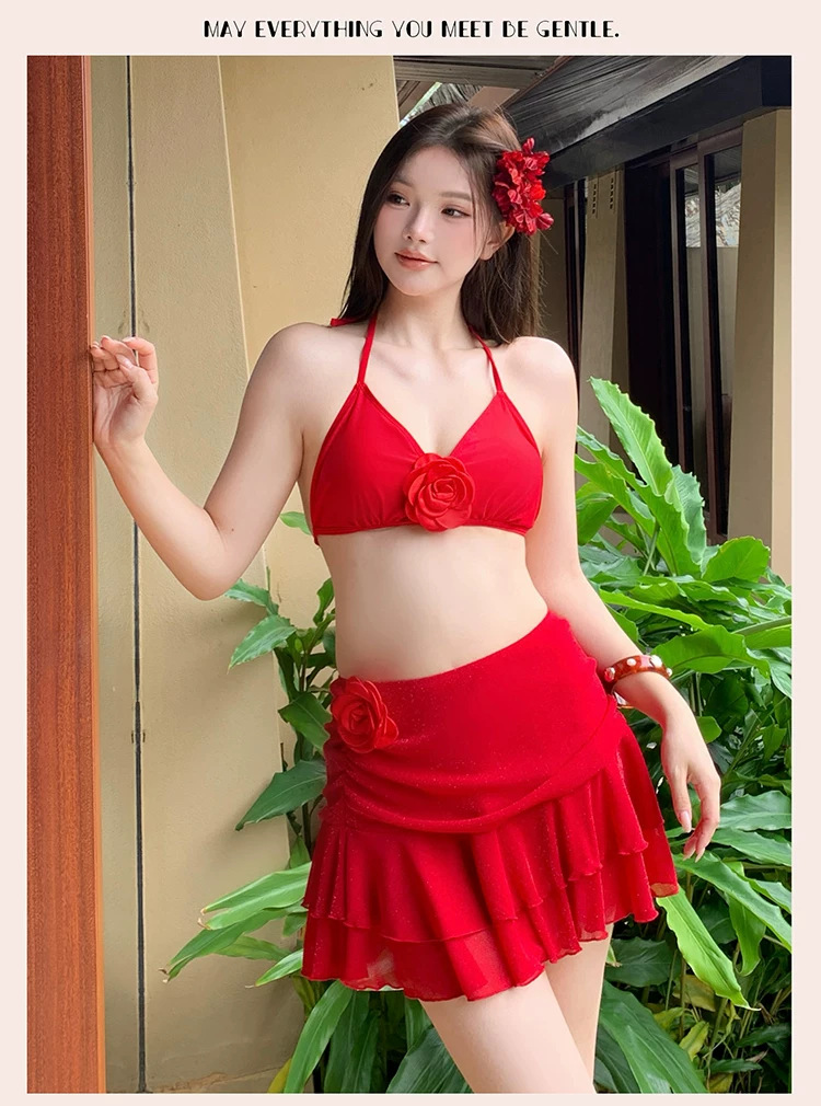 Plus-size Red Four-piece Bikini Set With Long Sleeve Sun Protection_voghion.com