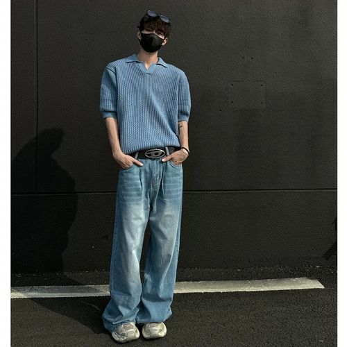 Men's Summer American Street Style Solid Color Knit Short Sleeve 2025 Model Lightweight Mature Casual Stand Collar Half Sleeve Polo Shirt