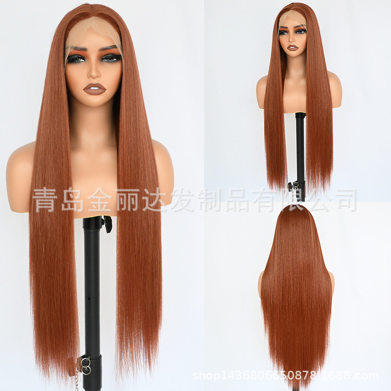 Wig for Women with Long Straight Hair, Chemical Fiber High-Temperature Silk Orange, Middle-Parted t Lace Wig, Cross-Border Exclusive Dropshipping Wig for Women with Long Straight Hair, Chemical Fiber High-Temperature Silk Orange, Middle-Parted t Lace Wig, Cross-Border Exclusive Dropshipping