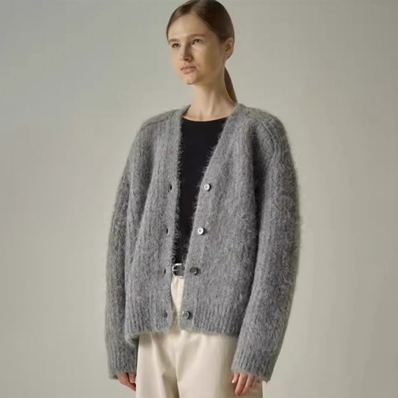 Faca*E Patte*N 2025 Spring & Fall New Sweater Lazy Loose V Neck Knitted Cardigan Alpaca Top