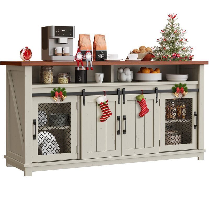 Farmhouse Style Buffet Cabinet with Storage with 2 Sliding Barn Doors Sideboard for Living Room Kitchen