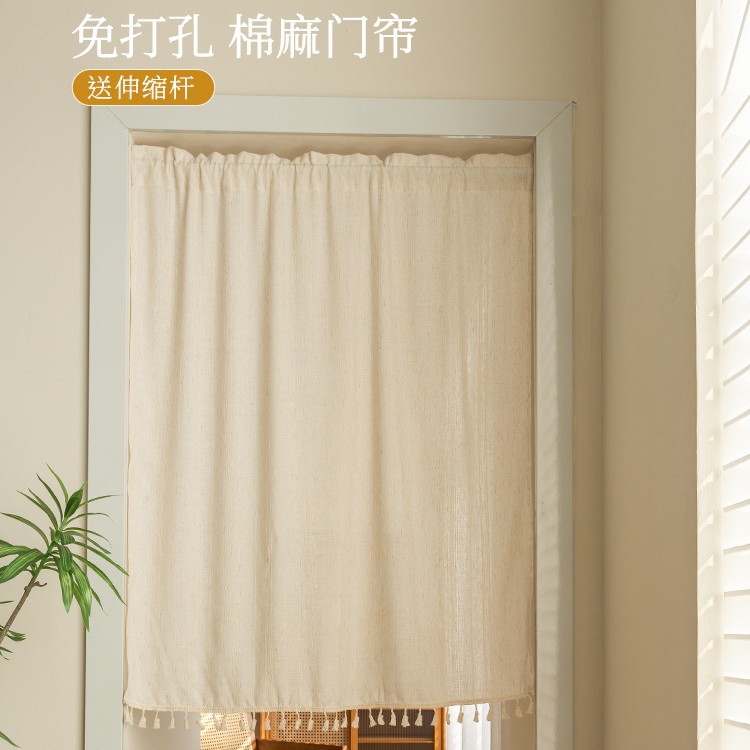 日式门帘棉麻家用撑杆短帘隔断帘魔术贴门帘布帘厨房储藏间门帘