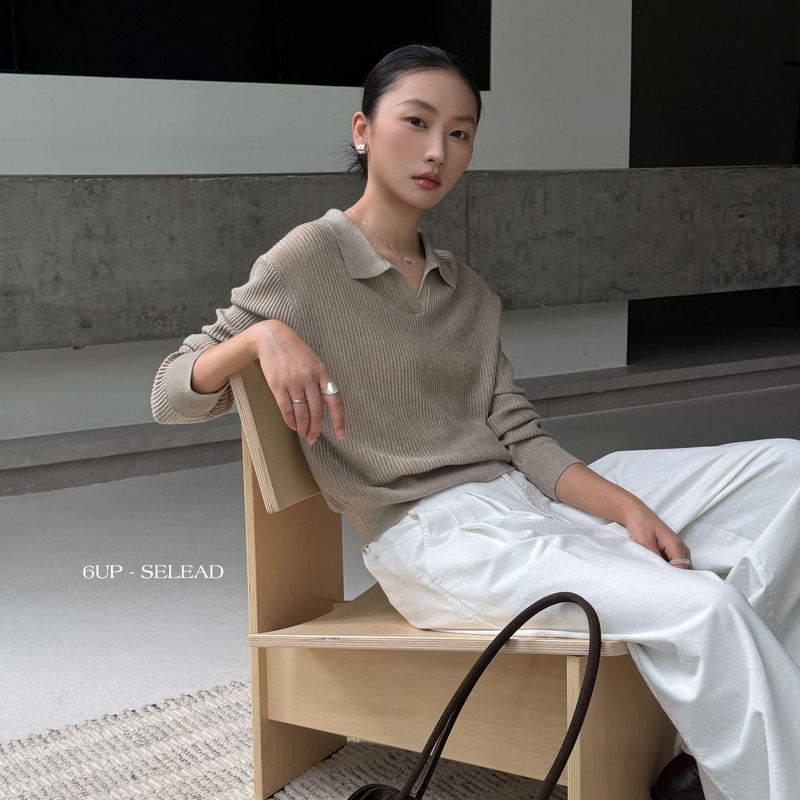 6UP Korean-style old money style polo collar knit sweater for women, with fine vertical ribbing, long sleeves, suitable for commuting, inner layer top 61097 6UP Korean-style old money style polo collar knit sweater for women, with fine vertical ribbing, long sleeves, suitable for commuting, inner layer top 61097